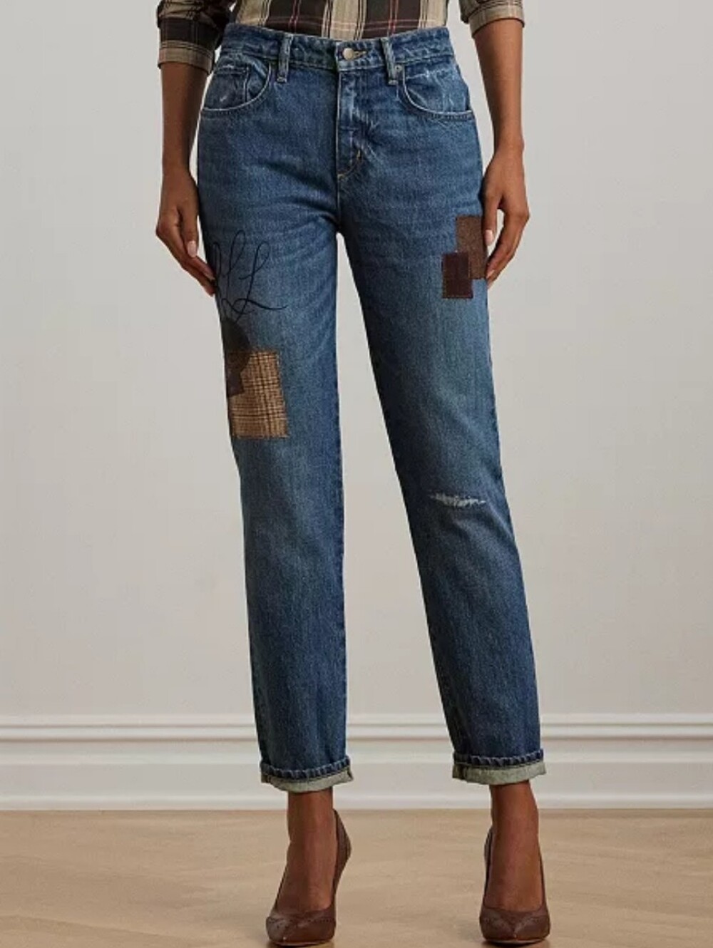 LAUREN RALPH LAUREN Patchwork Boyfriend Tapered Logo Ankle JEANS Size 10